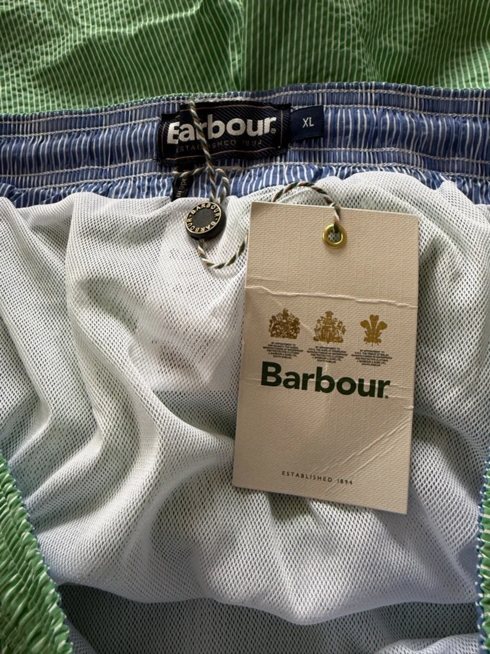 NWT Men’s‎ Barbour swimming shirts in green and white pin stripe.